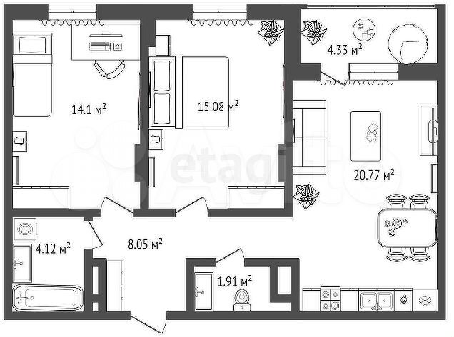 2-к. квартира, 68,4 м², 7/18 эт.