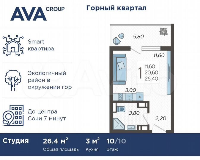 Квартира-студия, 26,4 м², 10/10 эт.