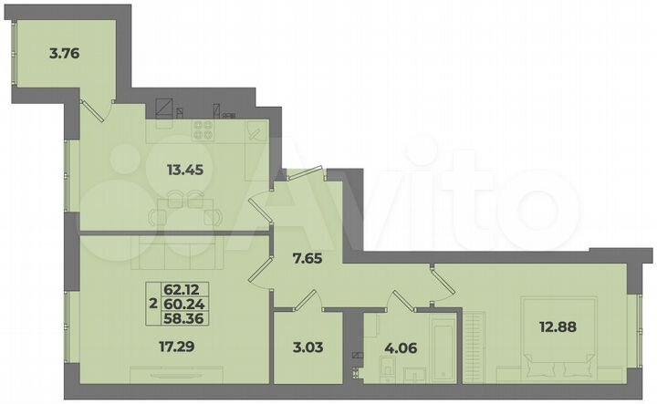 2-к. квартира, 62,1 м², 6/10 эт.