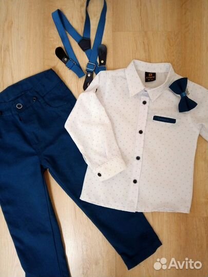 Костюм: рубашка, брюки, подтяжки, бабочка, р.98