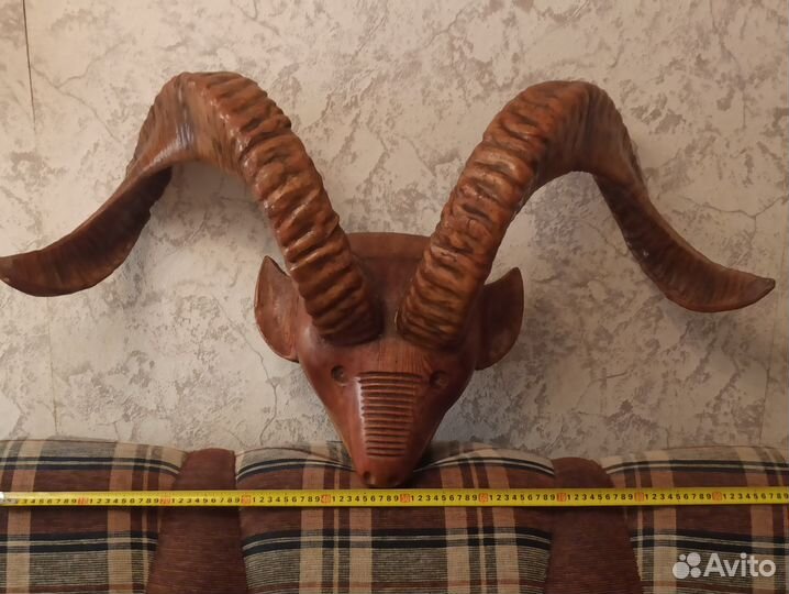 Рога горного барана на деревянной голове