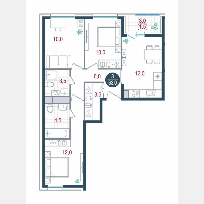 3-к. квартира, 63 м², 12/26 эт.