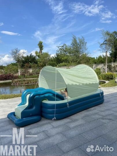 Надувной бассейн с горкой и с тентом