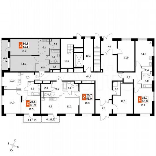 2-к. квартира, 55,1 м², 1/16 эт.
