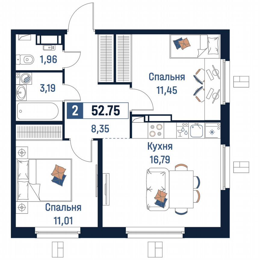2-к. квартира, 52,8 м², 9/18 эт.