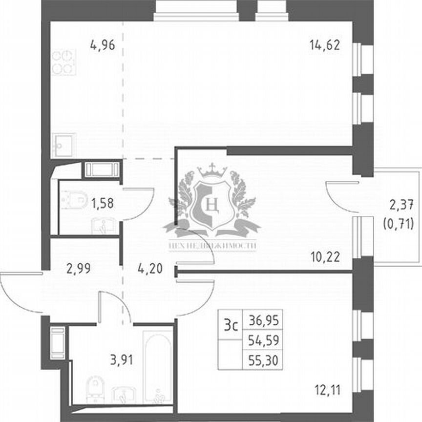 3-к. квартира, 55,3 м², 11/12 эт.