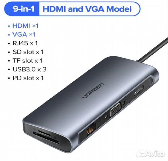 USB-концентратор (док-станция) 9 в 1 для ноутбука