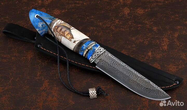Нож Барракуда дамаск торцевой, рукоять карельская