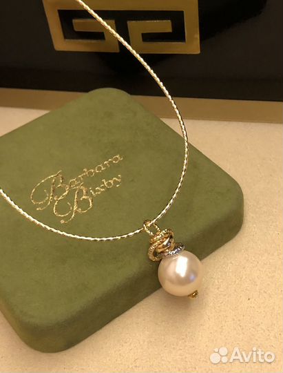 Кулон крупный нежно-персиковый жемчуг золотой шнур