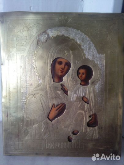 Старинная икона Иверская Богородица в киоте.Письмо