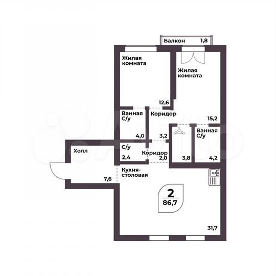 2-к. квартира, 86,7 м², 3/8 эт.
