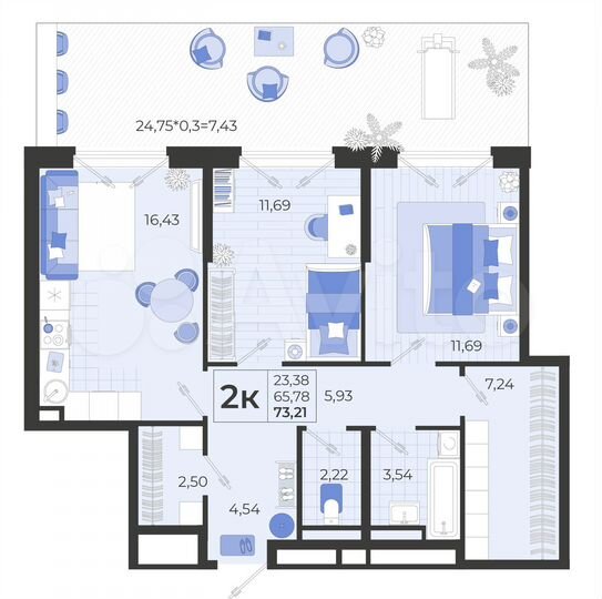 2-к. квартира, 73,2 м², 1/14 эт.