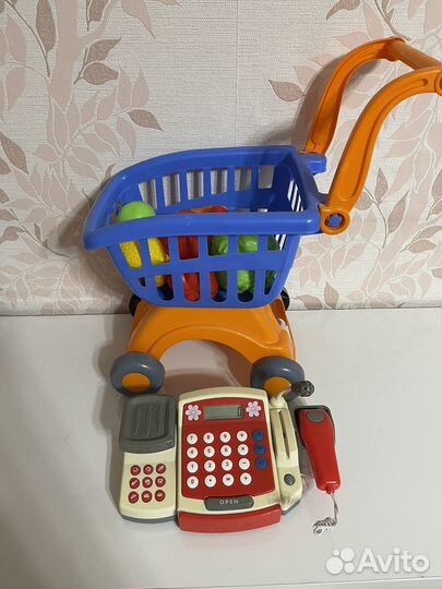 Тележка с фруктами и касса игрушечная