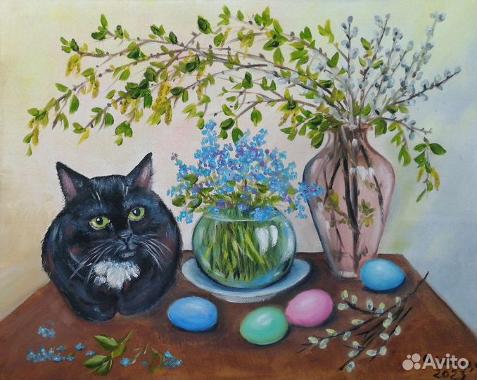 Картина. Пасхальный натюрморт с кошкой 40х50