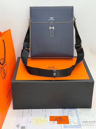 Сумка планшет Hermes натуральная кожа синяя