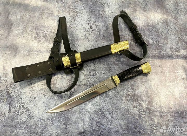 Пластунский нож с резьбой, украшенный, сталь 65Г