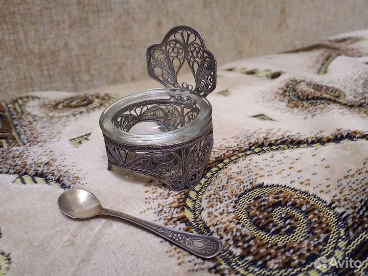 Мельхиоровая солонка скань + ложечка