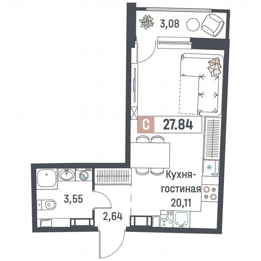Квартира-студия, 27,8 м², 5/18 эт.