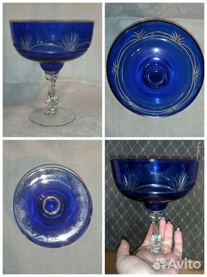 Ваза, конфетница, синее стекло, резьба