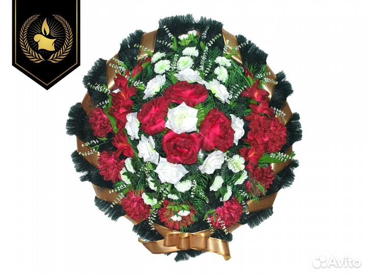 Венок ритуальный Круглый бело-бордовый