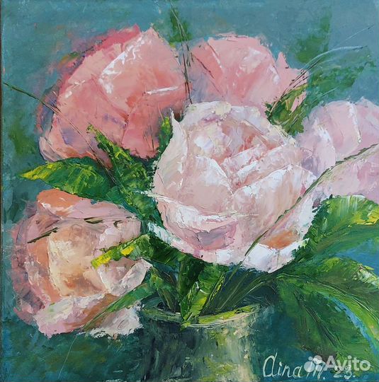 Оригинальная картина маслом цветы красные пионы