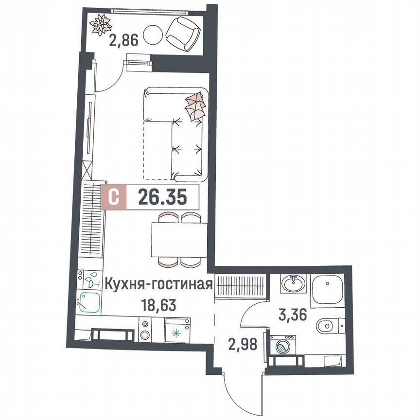 Квартира-студия, 26,4 м², 7/18 эт.