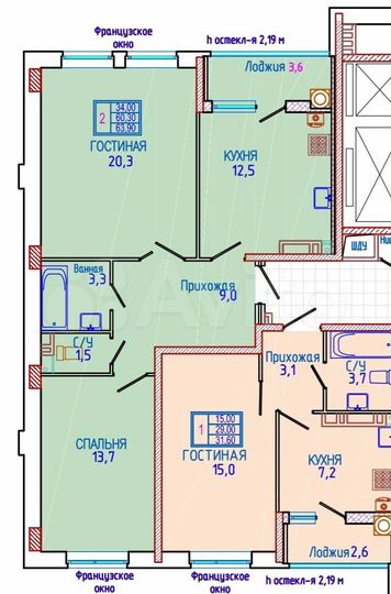 2-к. квартира, 64 м², 2/10 эт.