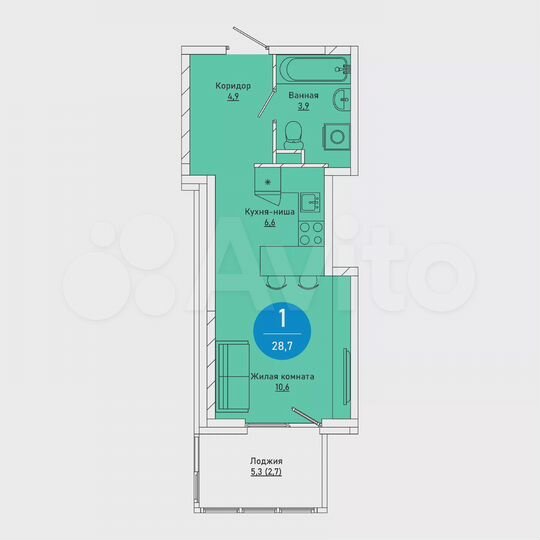 1-к. квартира, 28,7 м², 2/9 эт.