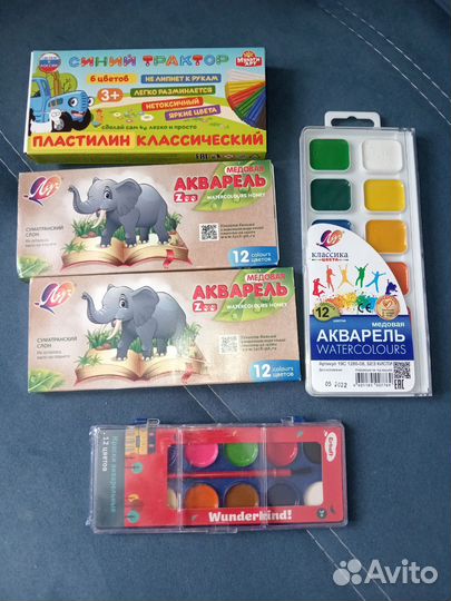 Краски медовая аква, карандаши, пластилин. Новые