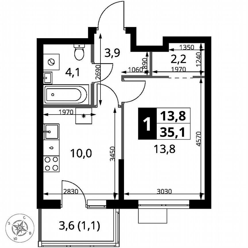 1-к. квартира, 35,1 м², 6/9 эт.