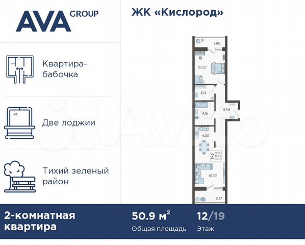 2-к. квартира, 50,9 м², 12/19 эт.