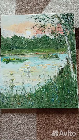 Картина маслом пейзаж Закат рассвет рыбалка