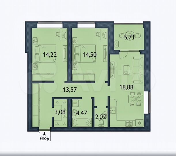 2-к. квартира, 76,5 м², 1/5 эт.