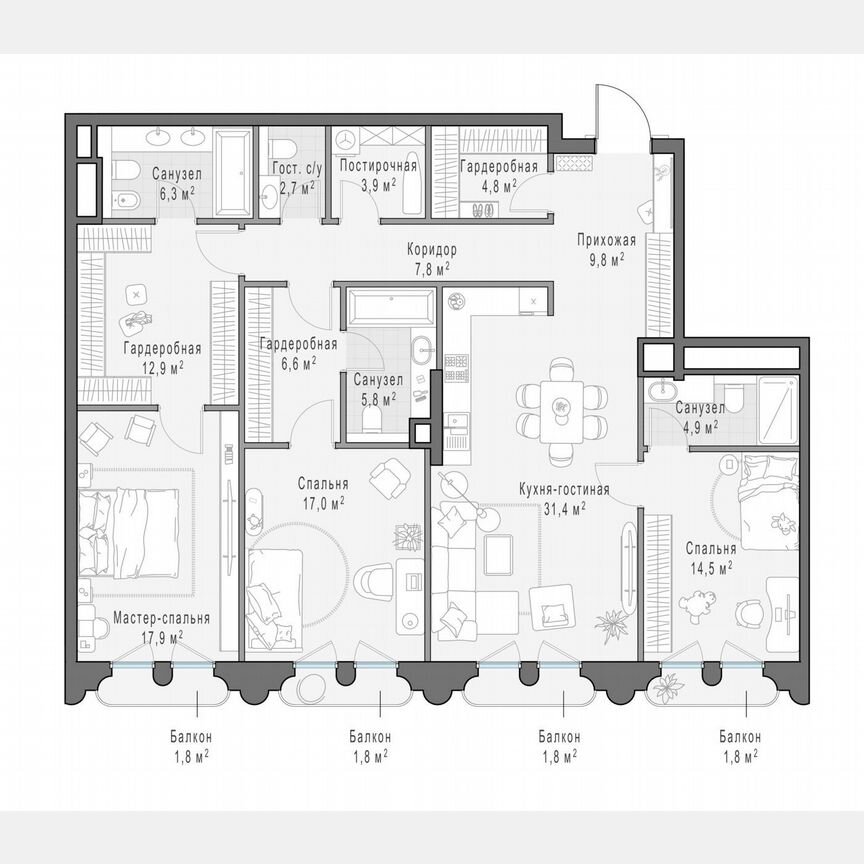 3-к. квартира, 148,1 м², 6/13 эт.