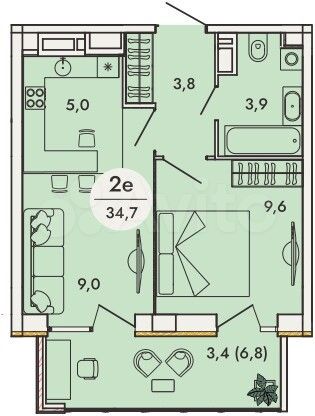 2-к. квартира, 34,7 м², 15/16 эт.