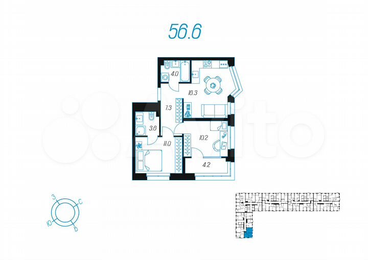 2-к. квартира, 56,6 м², 11/24 эт.