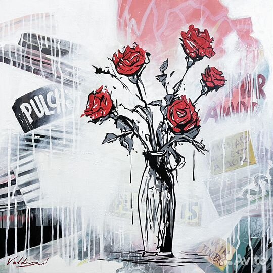 Современная картина, Пять роз, 80х80см, цветы