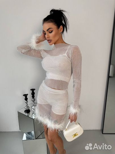 Стильный костюм с перьями 2 цв