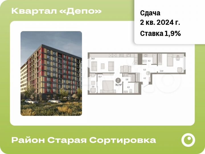 2-к. квартира, 76,7 м², 7/9 эт.