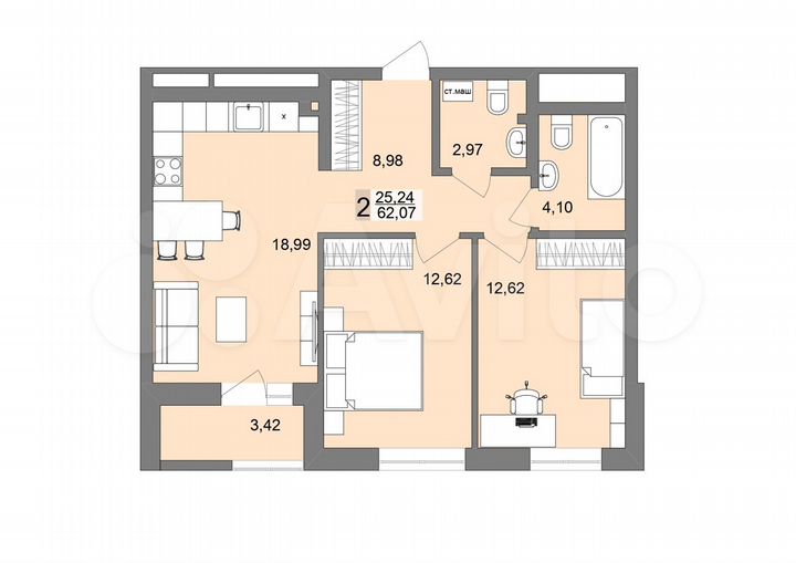 2-к. квартира, 60,7 м², 20/26 эт.