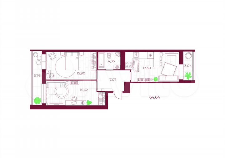 2-к. квартира, 64,6 м², 10/10 эт.