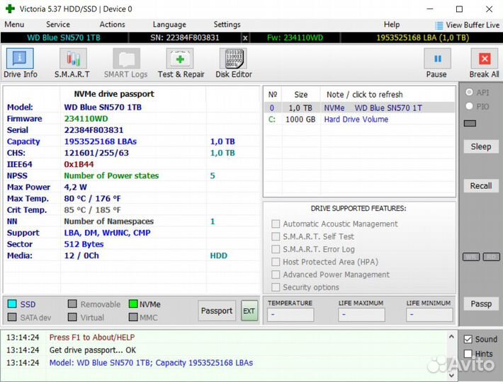 SSD WD Blue SN570 NVMe 1 тб M.2