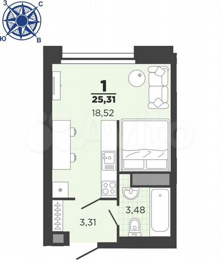 1-к. квартира, 25,3 м², 13/26 эт.