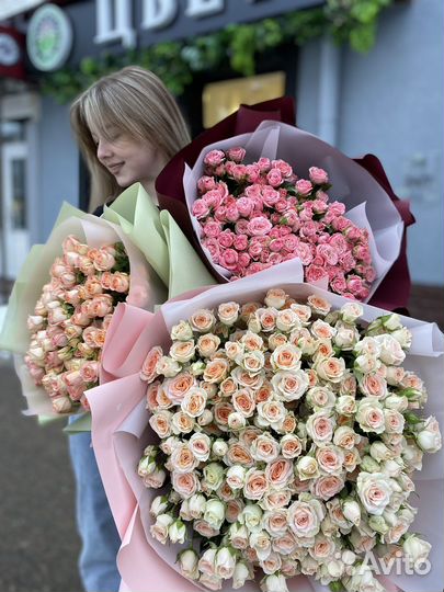 Цветы, кустовые розы, пионовидные, букет роз