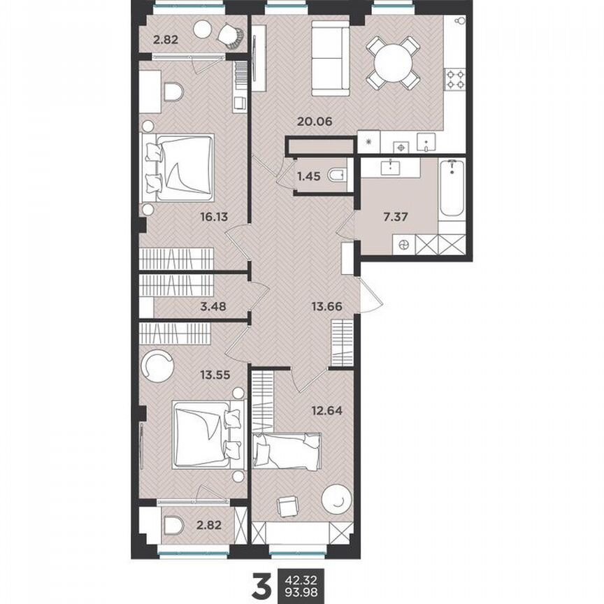 3-к. квартира, 94 м², 4/4 эт.