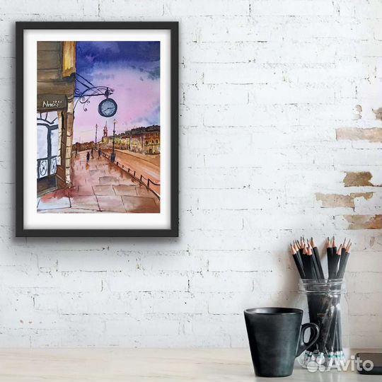 Картина акварелью. Утренний Санкт-Петербург