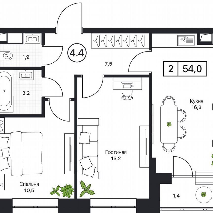 2-к. квартира, 54 м², 8/17 эт.