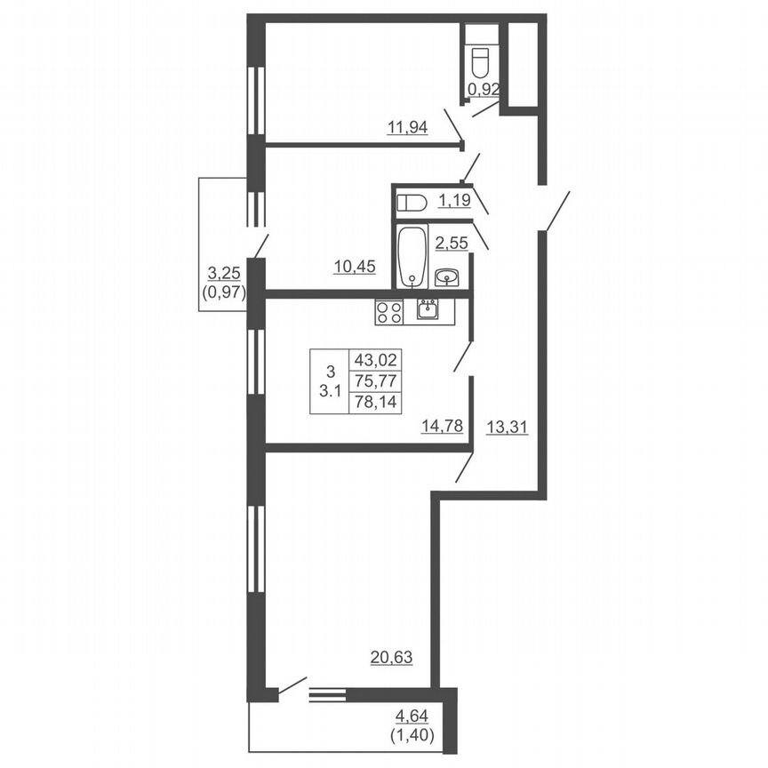 3-к. квартира, 78,1 м², 7/16 эт.