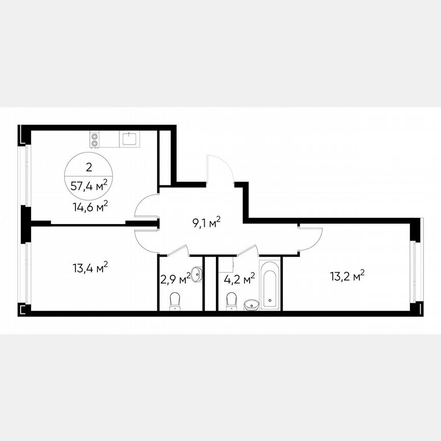 2-к. квартира, 57,4 м², 3/17 эт.