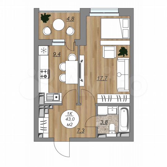 1-к. квартира, 43 м², 17/22 эт.